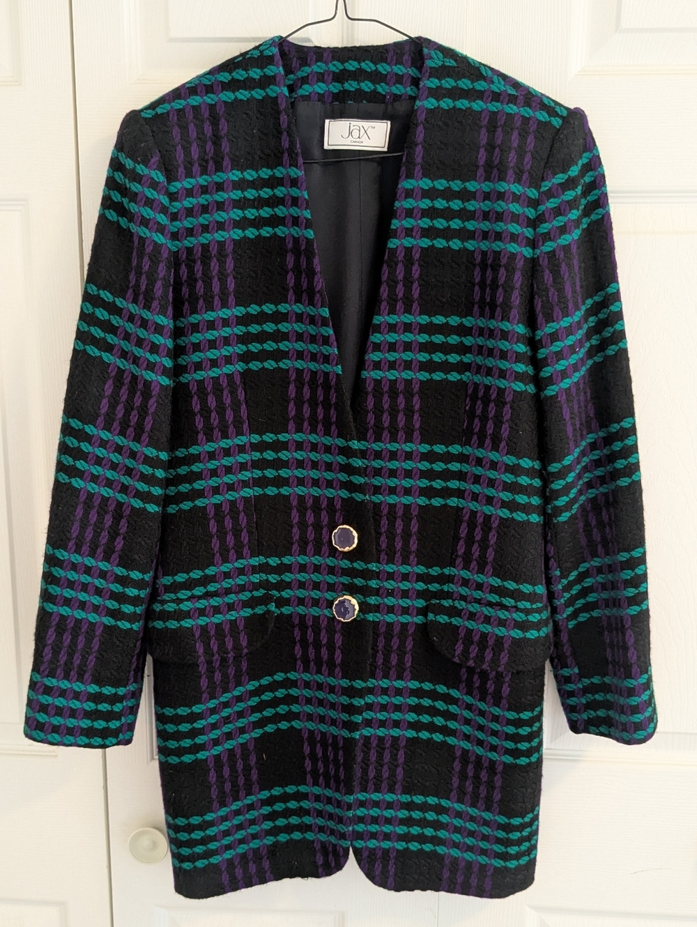 Vintage Jax Black Blazer with Teal and Purple Plaid Accents